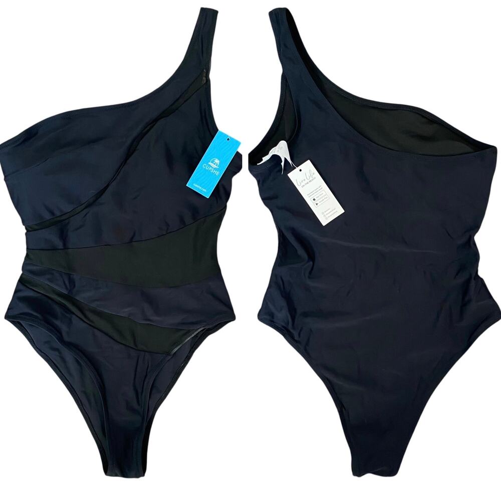 NEW CUPSHE One Piece Sheer Mesh Detail Cheeky One Piece Swimsuit Black Small